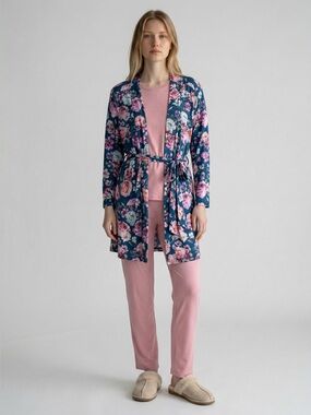 Posh Peanut Robe S/M Floral Bamboo Tie Waist Lounge Robe Blue Pink Soft Stretch